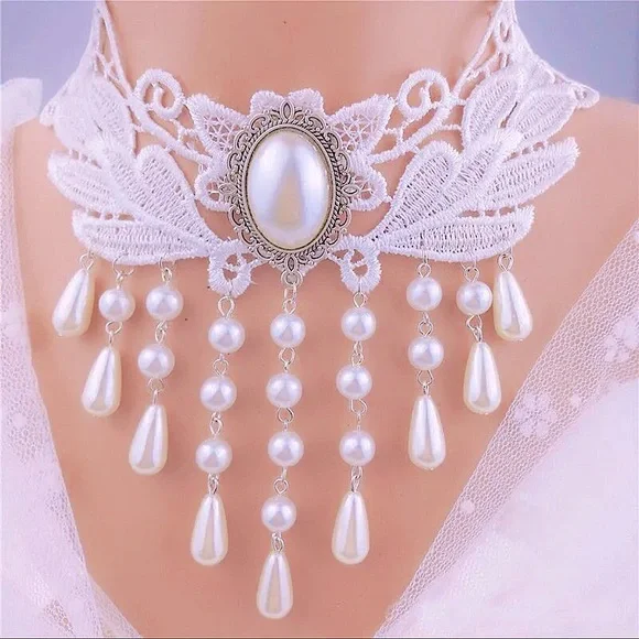 Lolita White Lace Pearl Choker Necklace - Picture 1 of 2